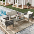 4 Pieces Acacia Wood Patio Furniture Set, Outdoor Furniture With Coffee Table, Patio Conversation Set Deep Seating With Soft Cushion, Porch Chairs For Garden, Backyard Porch Balcony, Grey & Beige Yes Deep Seating Beige Grey Seats 4 Garden & Outdoor Sofa