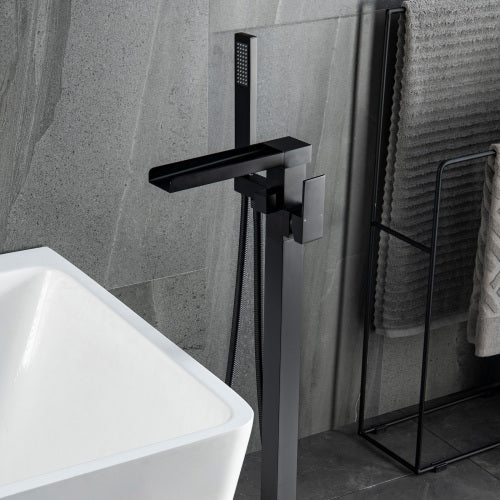 Matte Black Freestanding Tub Filler Floor Mount Faucet With Handheld Shower And Waterfall Spout Matte Black Brass