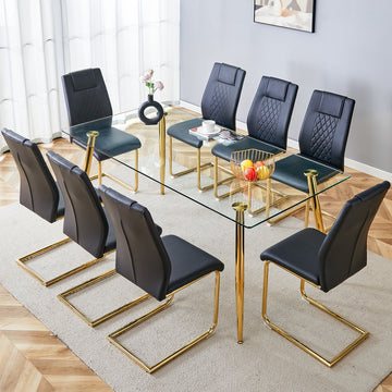 Table And Chair Set.Modern Rectangular Glass Dining Table With A Tempered Glass Tabletop And Metal Legs, Paired With Multiple Chairs Designed With Pu Cushions And Golden Metal Legs. Black Gold Seats 8 Tempered Glass