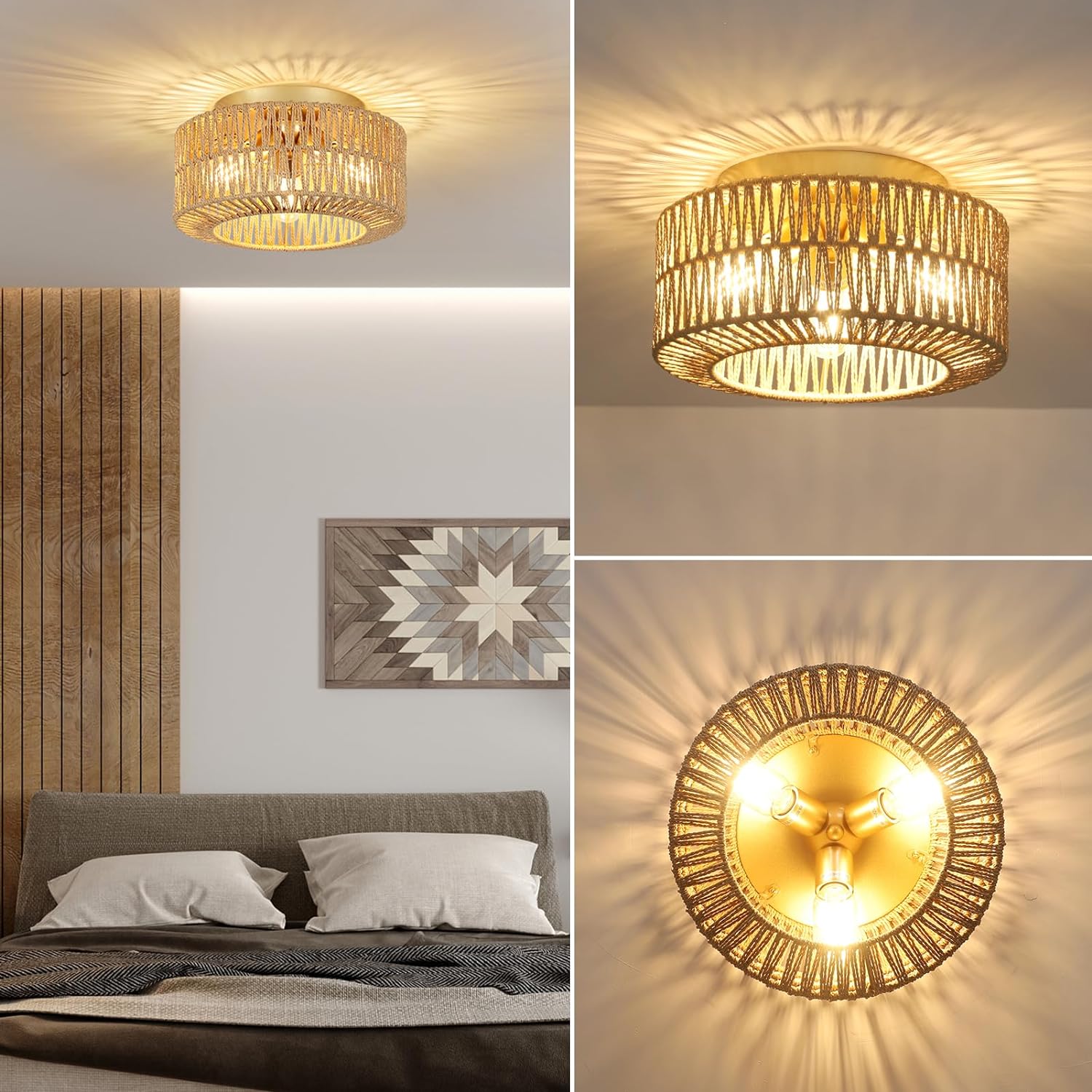 Boho Light Fixtures Ceiling Mount, 3 Light Farmhouse Rattan Ceiling Light Fixture, Flush Mount Ceiling Light With Hand Woven Shade, Modern Chandelier For Living Bedroom Entryway Kitchen Nursery Brown Gold Rattan Metal