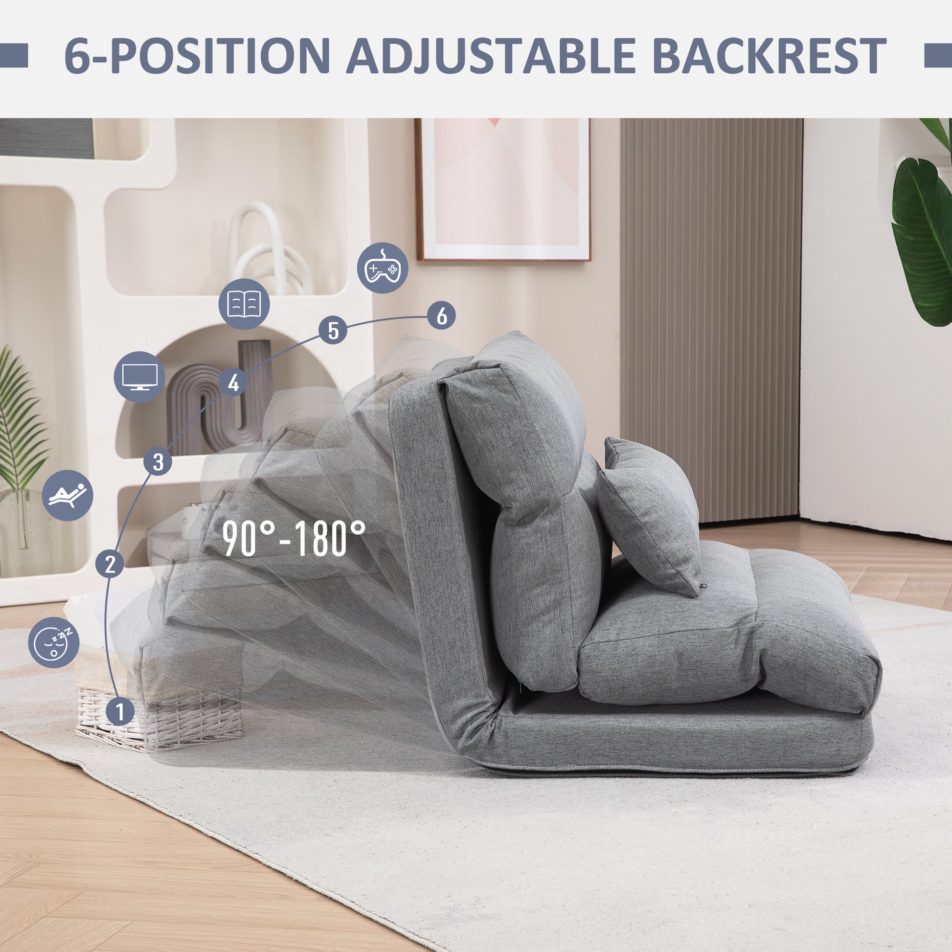 Homcom Folding Floor Chair, Convertible Lazy Sofa Bed, Floor Couch With 6 Position Adjustable Backrest And Pillow For Reading, Gaming, Meditating, Gray Gray Polyester