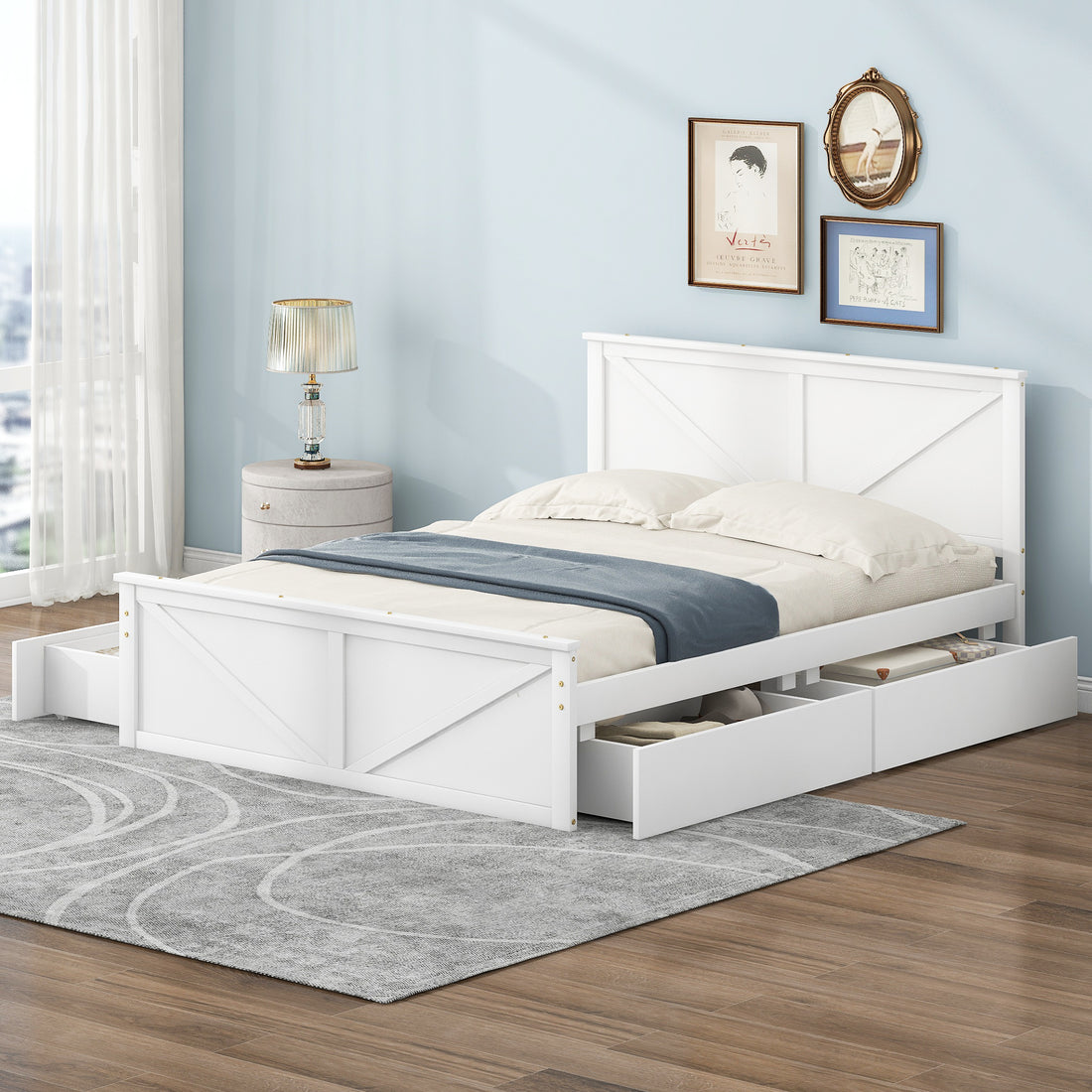 Queen Size Wooden Platform Bed With Four Storage Drawers And Support Legs, White Queen Antique White Pine