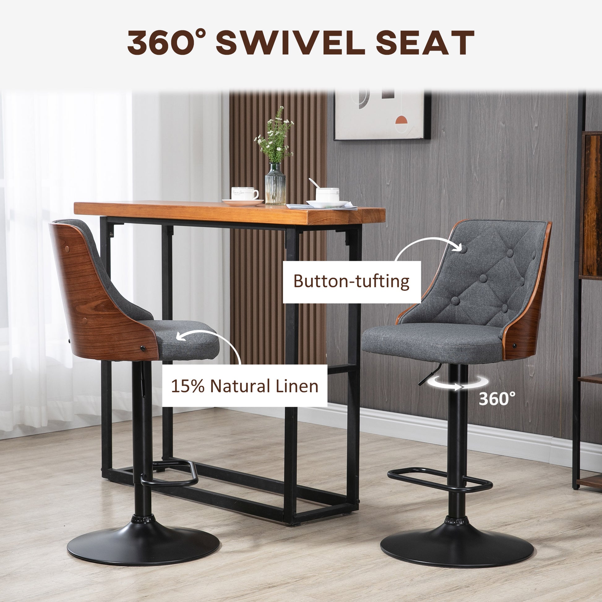 Homcom Counter Height Bar Stools Set Of 2, Height Adjustable Swivel Barstools With Footrest And Tufted Back, Linen Fabric Bar Chairs, Dark Grey Dark Grey Wood