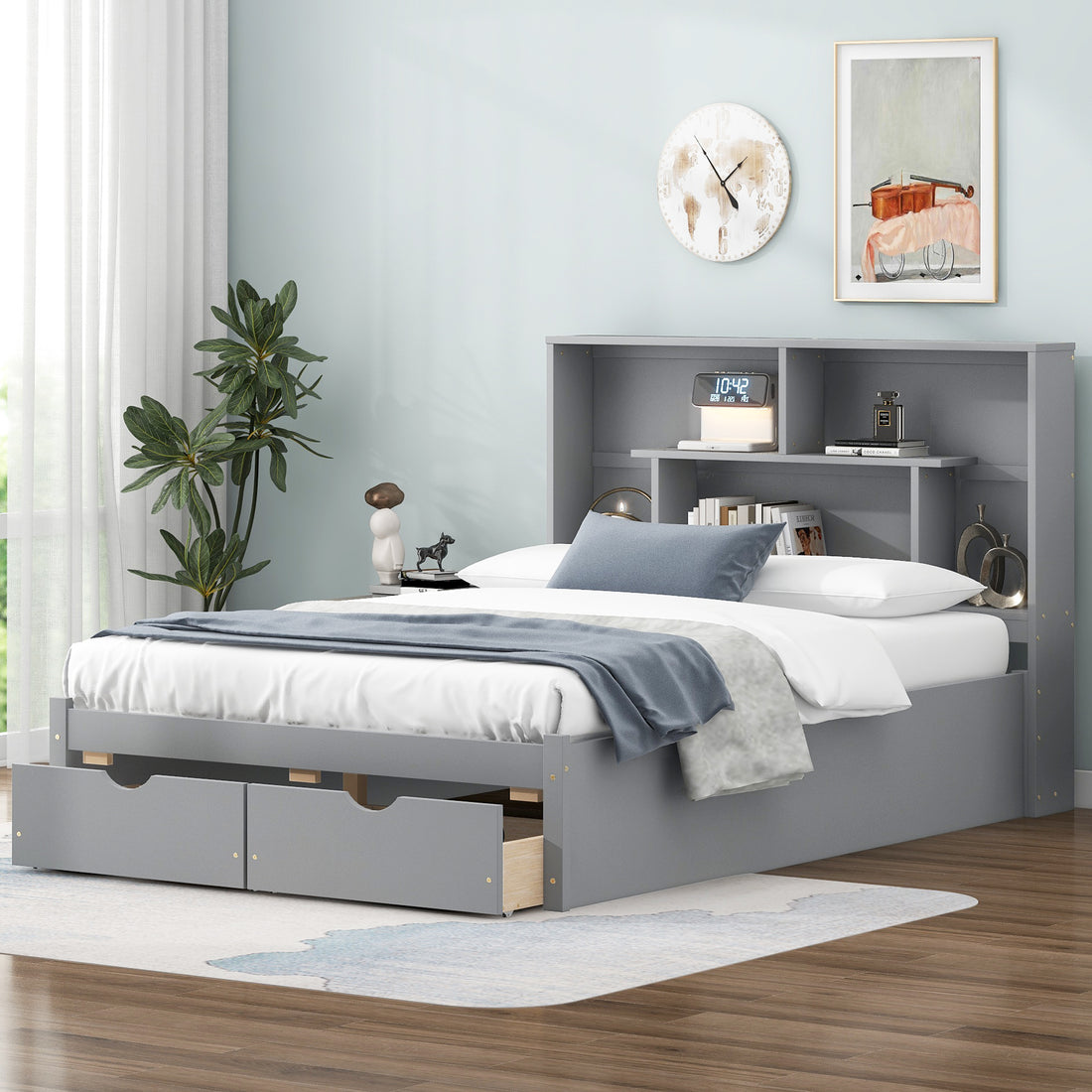 Full Size Platform Bed With Storage Headboard And 2 Drawers, Gray Box Spring Not Required Full Gray Wood Bedroom Bed Frame Solid Wood Mdf