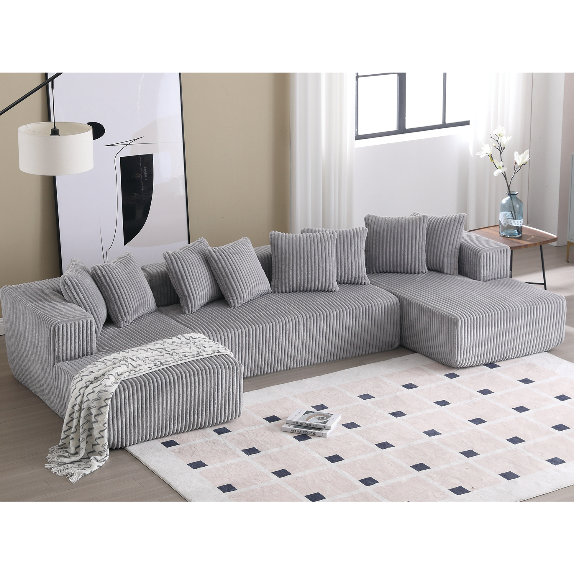 Arrived 131'' Modular Sectional Couch, U Shaped Sofachaise Lounge, Striped Fabric,Upholstered 4 Seater Couch For Living Room, Bedroom, Free Combination Sofa Corduroy , Gray Gray Polyester Primary Living Space Soft Modern Square Arms Foam Upholstered 4