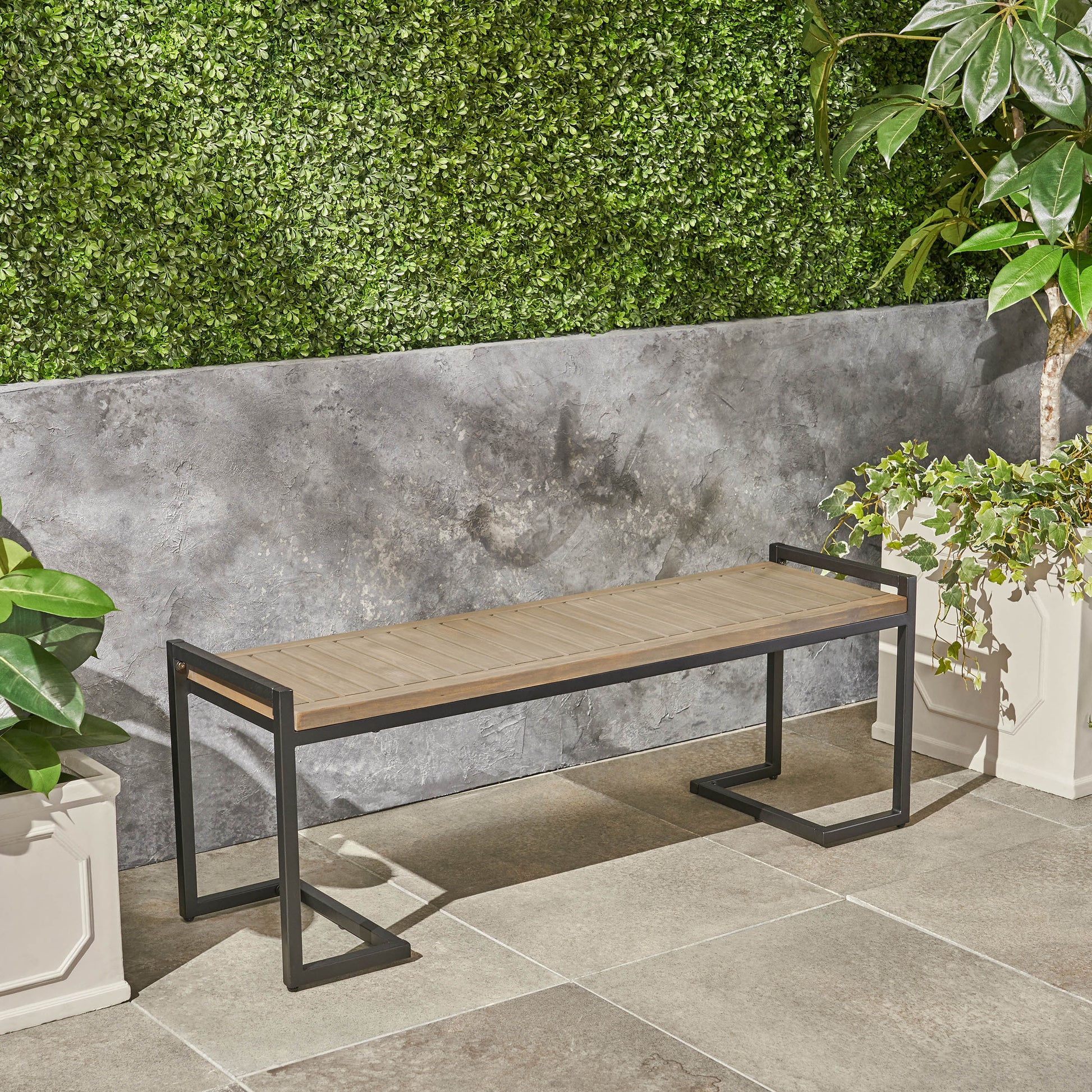 Hopkins Industrial Wood And Metal Bench Grey Acacia Wood