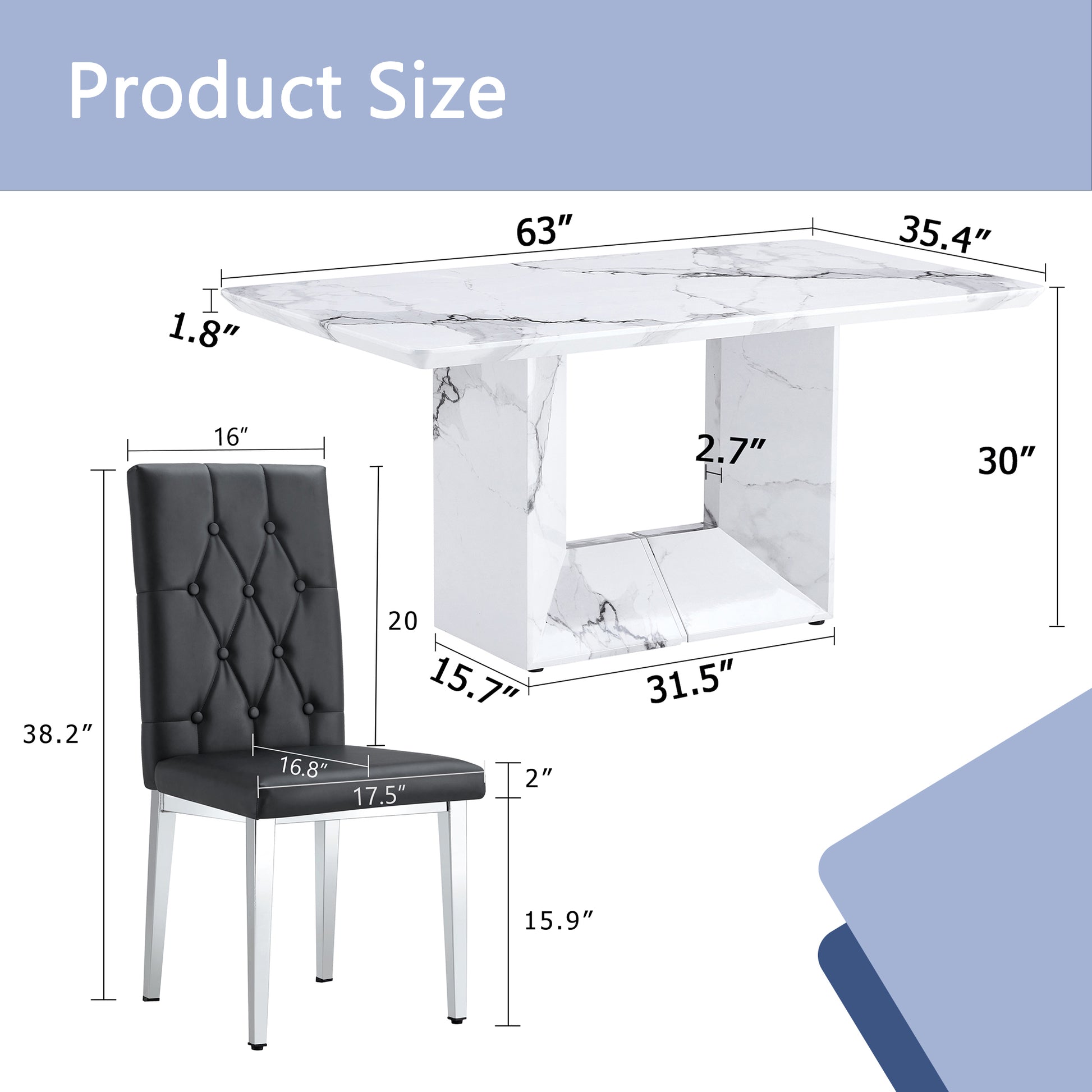 Table And Chair Set.63"X35.4" White Marble Patterned Mdf Dining Table Set With 4 Armless Black Pu Chairs.Showcasing A Modern And Stylish Look. Black,White Seats 4 Mdf Metal