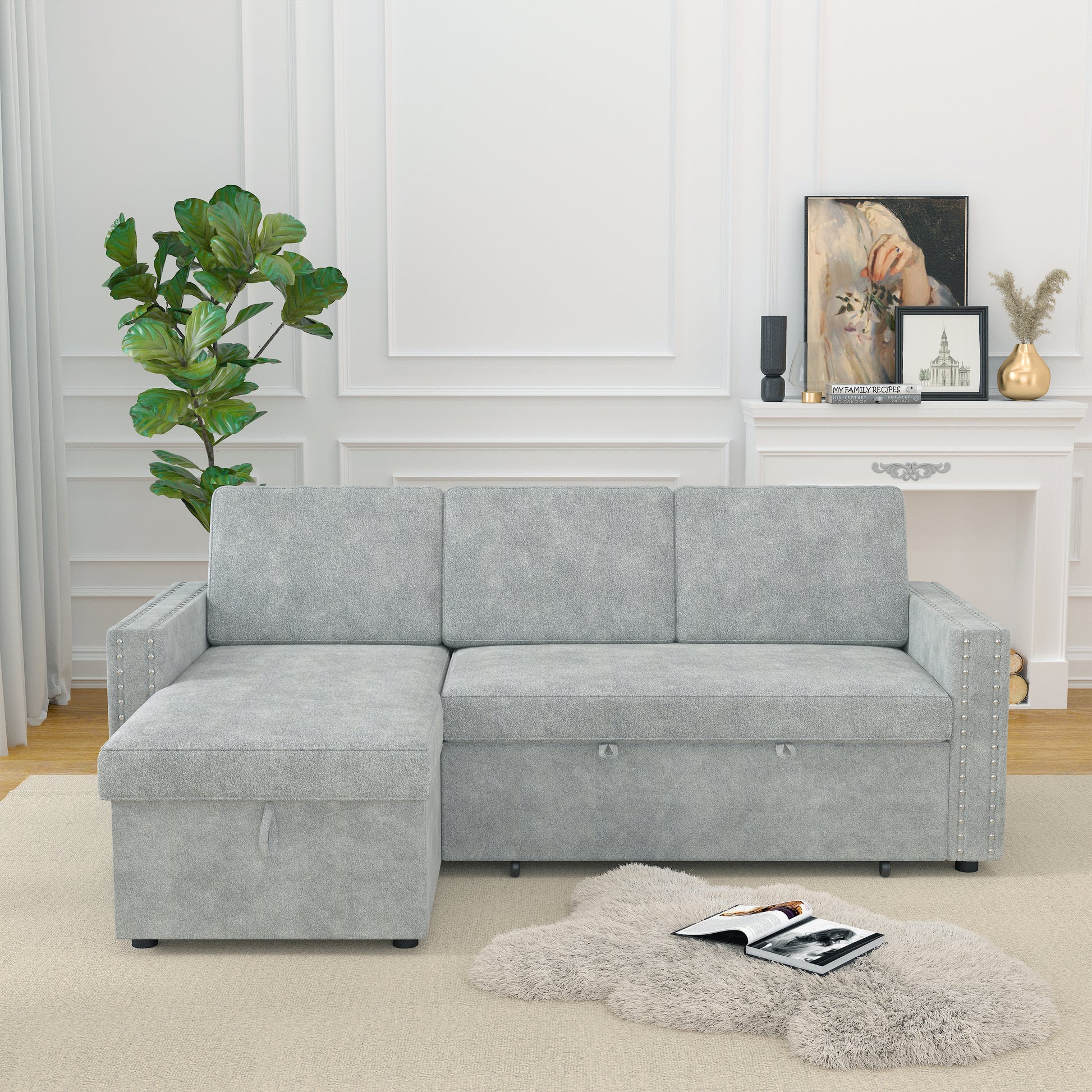 85 Inches Sofa Bed, 3 Seater Sleeper Sofa With Storage Chaise, Square Handrail With Pull And Copper Nail,Chenille Light Grey, Pull Out Couch For Living Room Light Grey Chenille 3 Seat