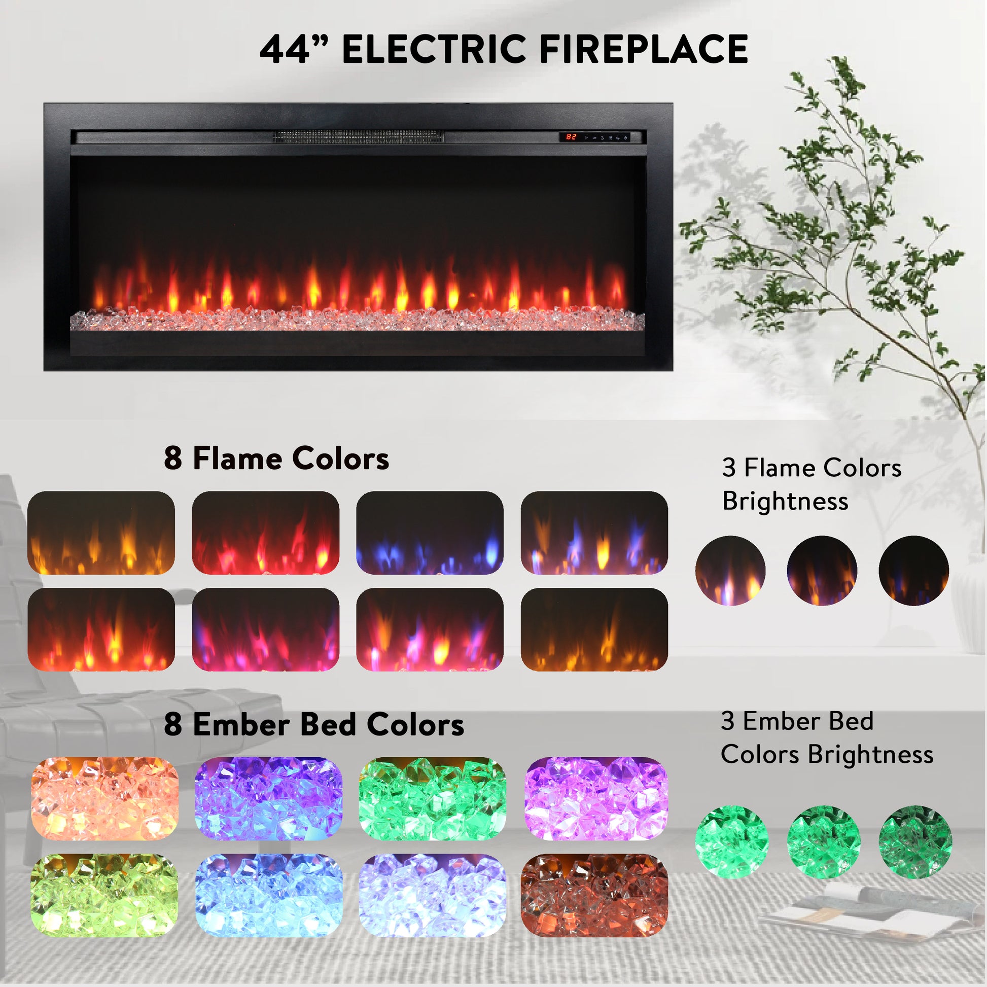 44 Inch In Wall Recessed Electric Fireplace With Remote And Multi Color Flame & Emberbed, Led Light Heater Powder Coated Electric Antique Black Vent Free Yes Insert Tempered Glass Sheet Metal