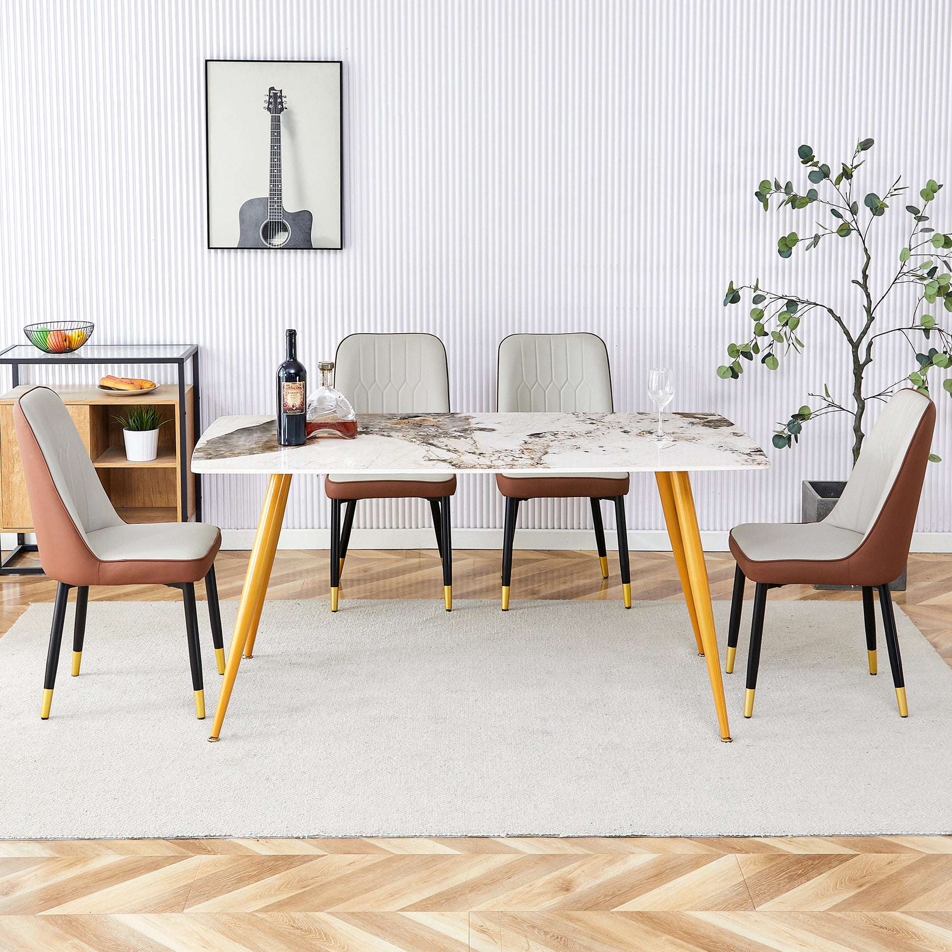 Modern Minimalist Dining Table. White Imitation Marble Pattern Sintered Stone Desktop With Golden Metal Legs.62.2"*34.6"*30" F 001 Gold Sintered Stone