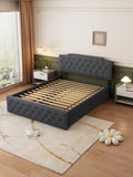 Queen Size Upholstered Platform Bed With Twin Size Trundle And Usb Portsdecorate With Copper Nails,Linen Fabric, Dark Grey Queen Dark Gray Composite Linen Fabric