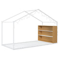 Twin Size Metal Bed House Bed Frame With Shelves And Lights, White Twin White Metal & Wood