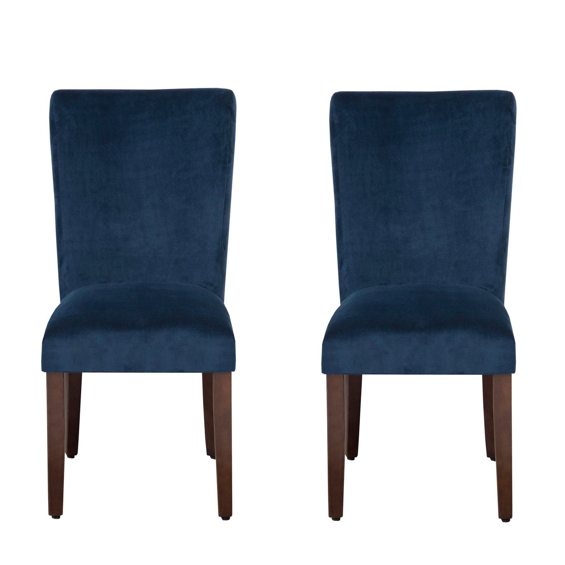 Velvet Upholstered Parsons Dining Chair With Wooden Legs, Navy Blue And Brown, Set Of Two Blue Brown Wood Fabric