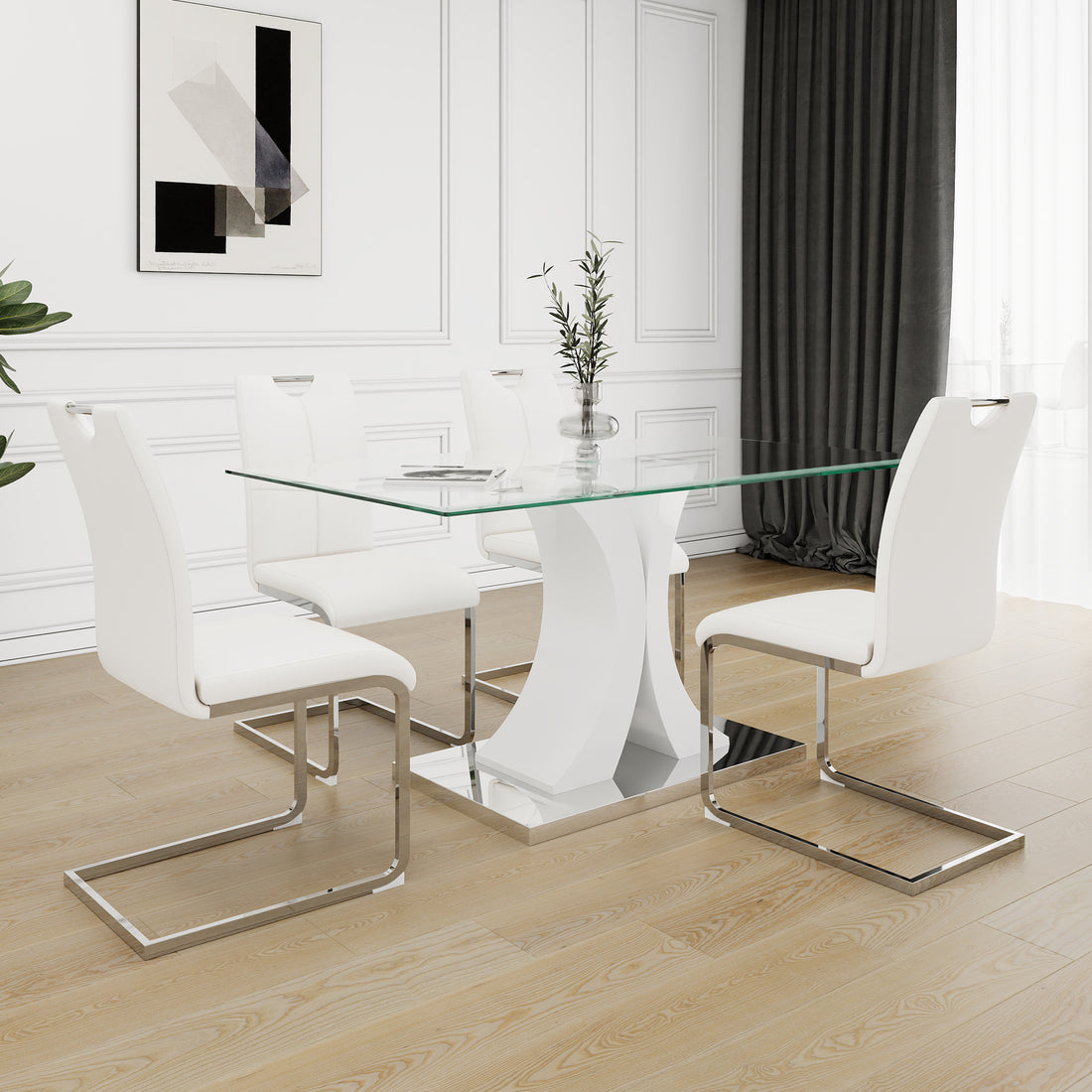 Modern Style Glass Table, Elegant Transparent Design, Durable Support Base, White Dining Chair Set, Electroplated Chair Legs, Suitable For Restaurant Kitchens Set Of 5 White Silver Seats 4 Mdf Glass