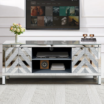 Mirrored Tv Stand For 65 Inch Tv,Sliver Tv Console Table With Open Storage & 2 Storage Cabinets ,M Shape Sparkling Mirror Doors For Living Room 59''W X 25.2''H X 15.7D 1 2 Shelves Mirrored Silver