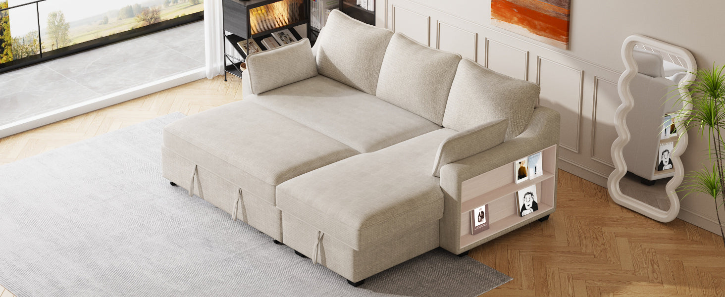 90" Pull Out Sleeper Sofa L Shaped Couch Convertible Sofa Bed With Storage Chaise, Storage Racks And Usb Ports Sg001340Aa , Beige Beige Foam Chenille 3 Seat