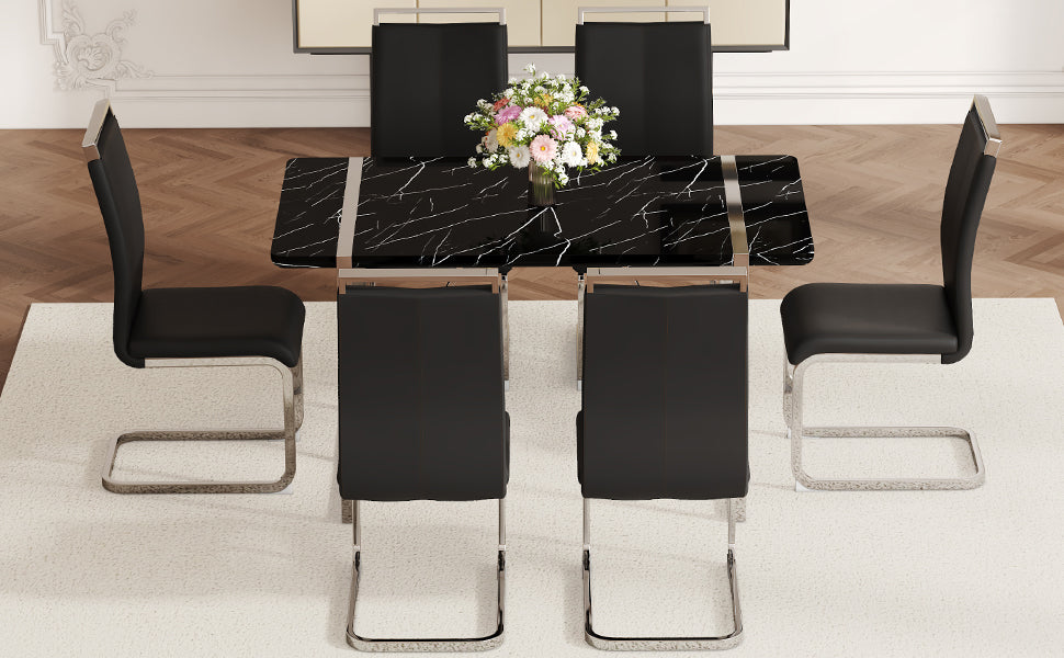 Table And Chair Set.A Rustic Industrial Rectangular Mdf Black Dining Table With Mdf Desktop And Electroplated Silver Metal Legs.Paried With 6 Chairs With Pu Cushion And Metal Legs. Black,Silver Seats 6 Mdf Metal