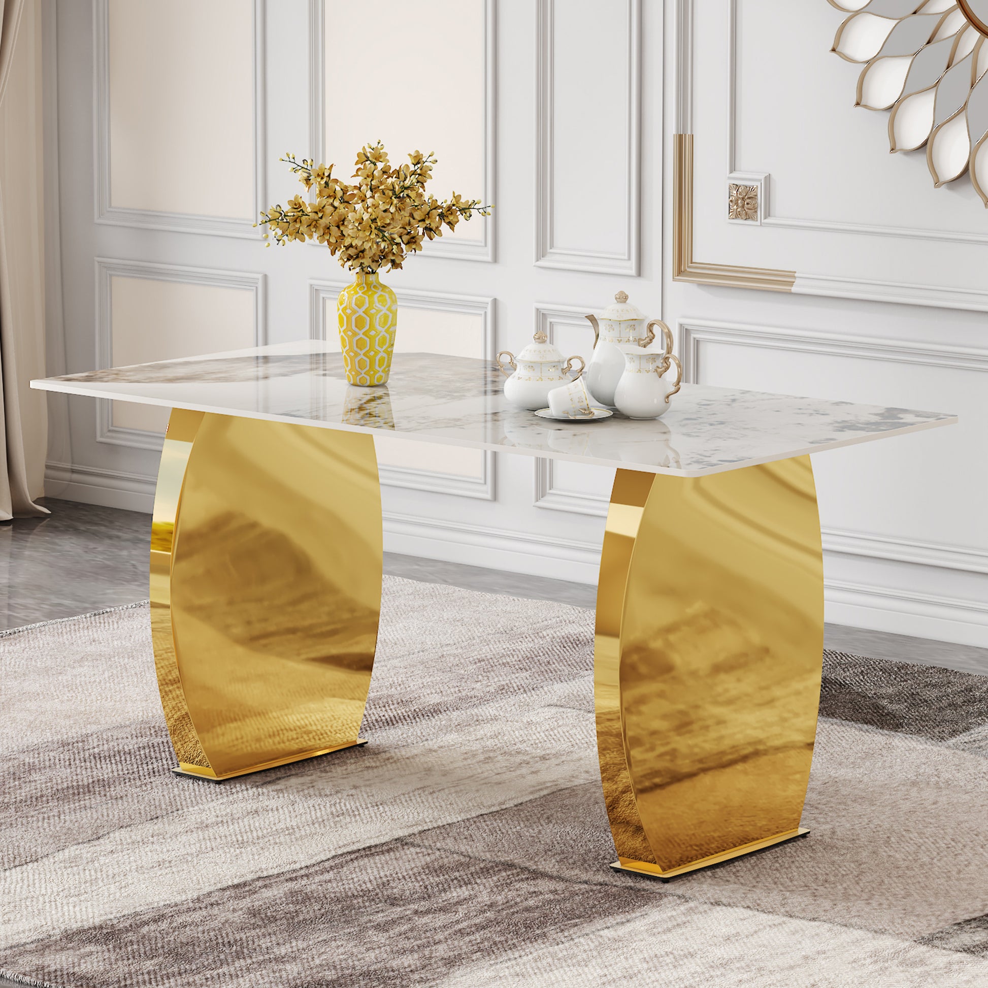 Modern Rectangular Table With Marble Patterned Rock Slab Tabletop, Paired With Stainless Steel Gold Plated Table Legs, Suitable For Kitchen, Dining Room, And Living Room 63 Inches * 31.4 Inches. Gold Sintered Stone