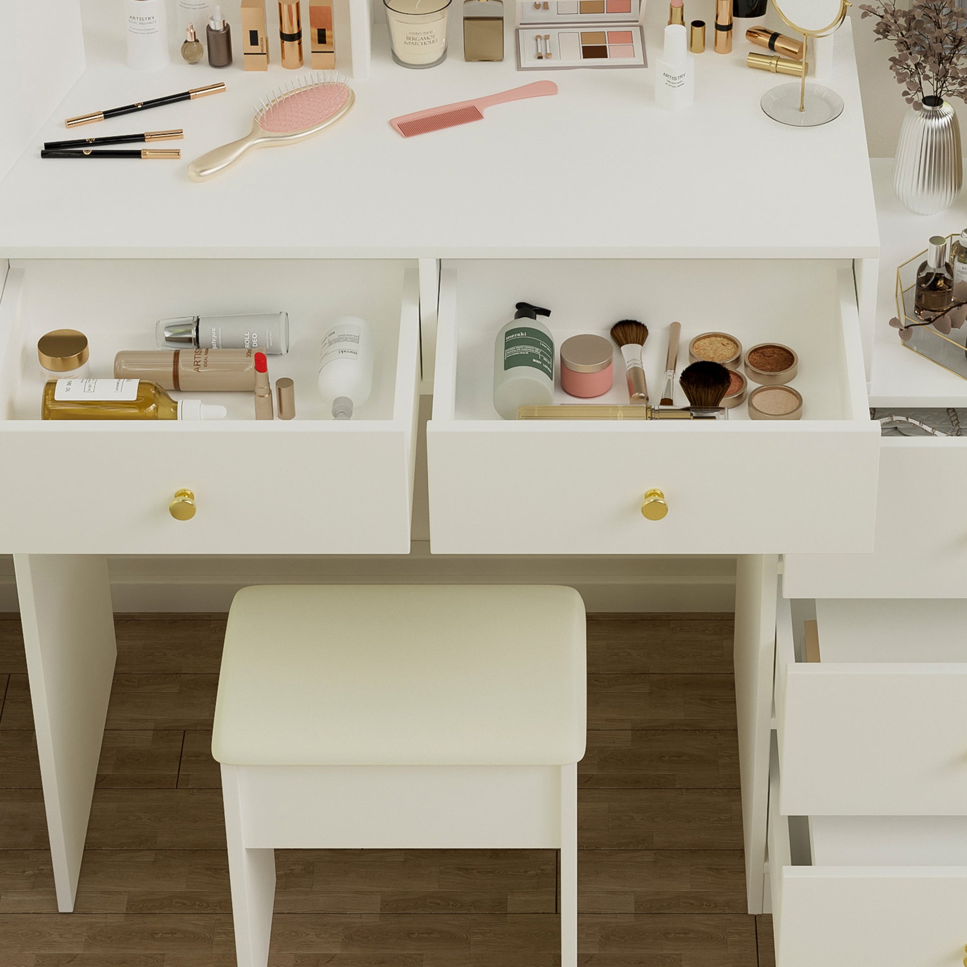 Fashion Vanity Desk With Mirror And Lights For Makeup And Cushioned Ch Fashion Vanity Desk With Mirror And Lights For Makeup And Cushioned Ch
