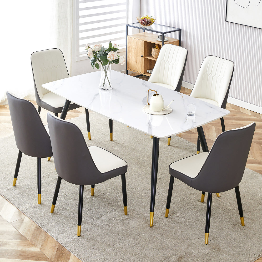 Modern Minimalist Dining Table. White Imitation Marble Pattern Sintered Stone Desktop With Black Metal Legs.Modern Dining Chair With Pu Artificial Leather Backrest Cushion And Black Metal Legs.F 001 Black Gold Sintered Stone