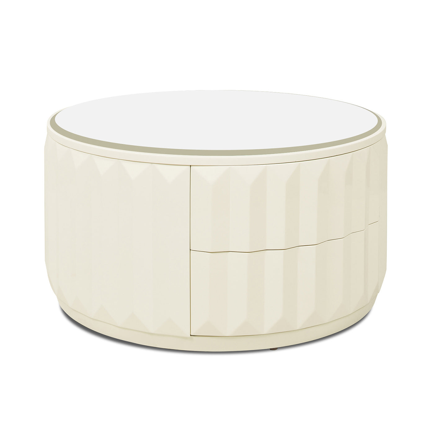 Facino 35.5" Round Storage Coffee Table, White Lacquer Birchwood White Solid Wood Mdf Solid Wood Mdf