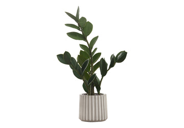 Artificial Plant, 20" Tall, Zz, Indoor, Faux, Fake, Table, Greenery, Potted, Real Touch, Decorative, Green Leaves, Grey Cement Pot Green Foam Plastic