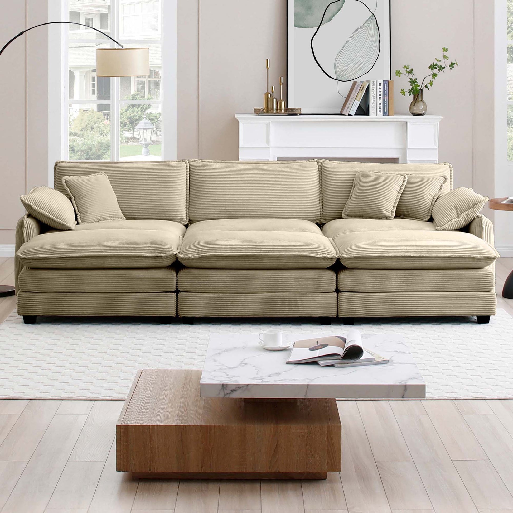 Oversized Modular Cushioned Sofa,With 3 Ottomans To Work As Sleeper Sofa Beds, 3 Seater Sofa With 3 Footstools,Tan Corduroy Fabric Tan Corduroy 3 Seat