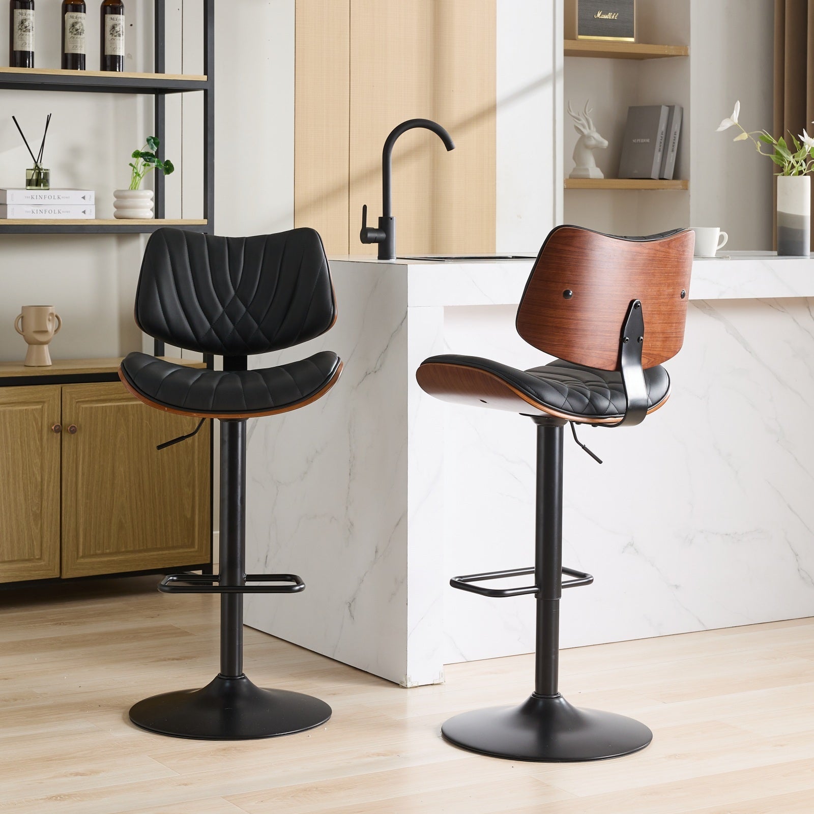 Walnut Bentwood Bar Stools Mid Century Modern Adjustable Counter Height Black Leather Upholstered 360 Swivel Bar Chairs For Kitchen Island Dining Room Cafe, 1 Chair 1Carton,Black Black Pu American Design 1 Foam Pu Leather