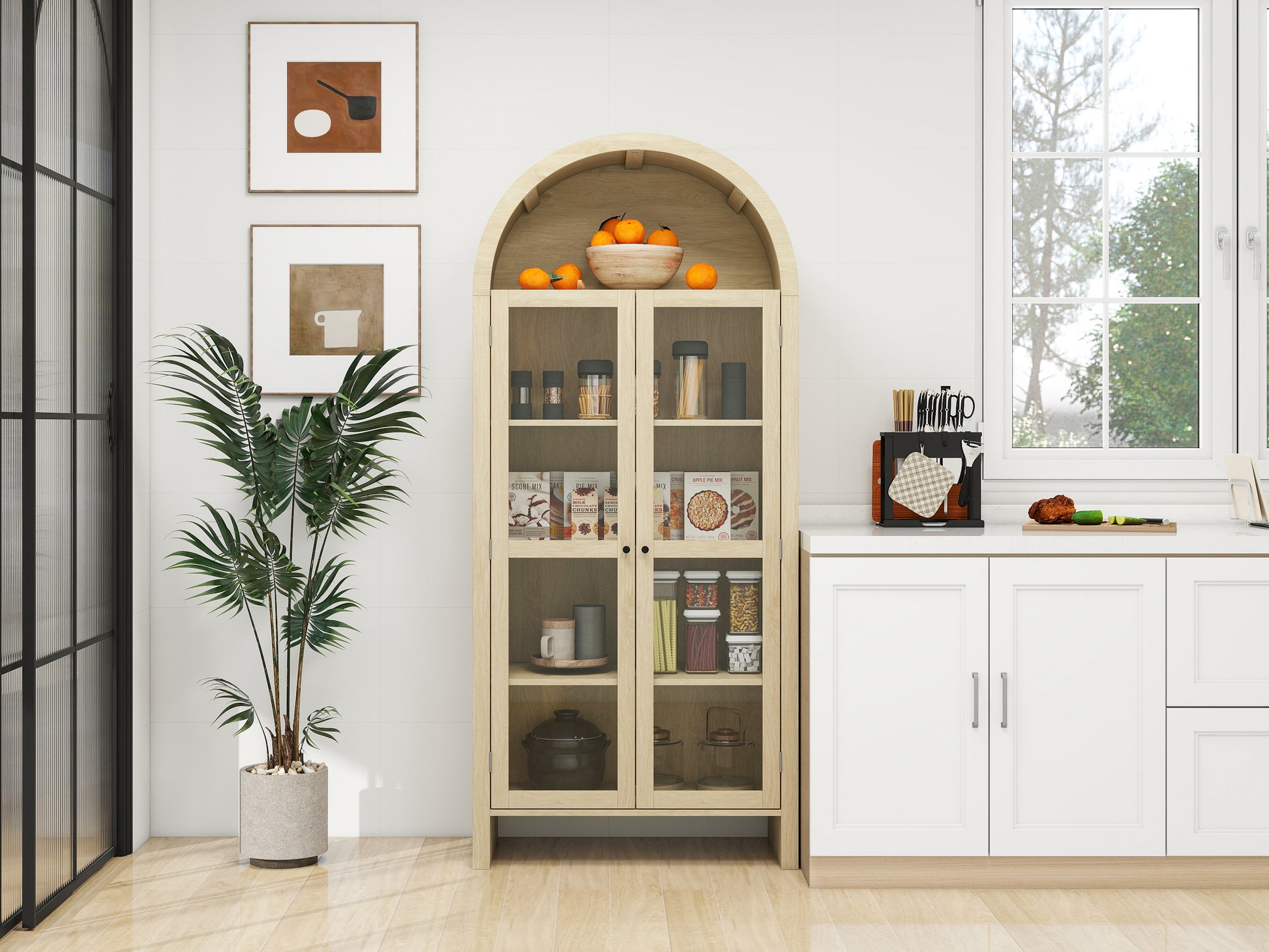 70.28" Tall Arched Kitchen Pantry, Modern Farmhouse Wood Kitchen Storage Cabinets ,Arched Storage Display Cabinet With Adjustable Shelves, Versatile Cupboard For Kitchen, Dining Room, Living Room