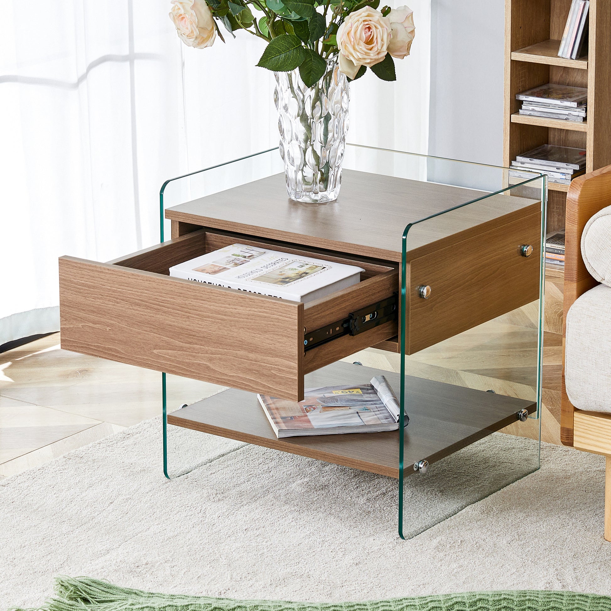 Bedside Table With Drawers. The Board Surface Is Mdf Sticker, And Both Sides Are Transparent Tempered Glass. The Design Is Simple And Elegant, With Excellent Storage Functions. Wood 1 Drawer Mdf Glass