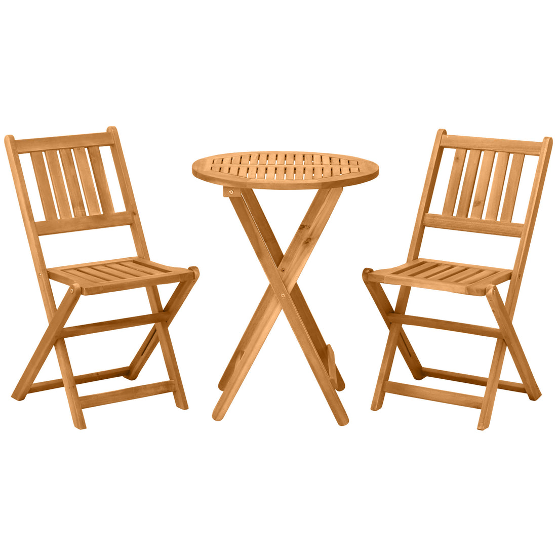 Outsunny 3 Piece Acacia Wood Bistro Set, Folding Patio Furniture With 2 Folding Chairs And Round Coffee Table, Teak, Slatted Finish, For Backyard, Balcony, Deck, Natural Natural Acacia Wood