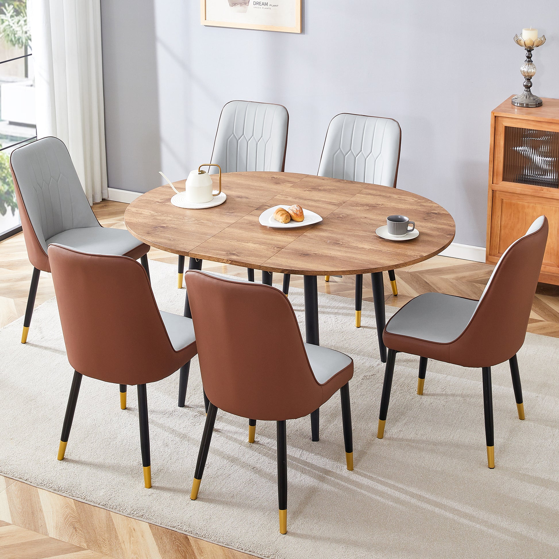 Table And Chair Set.Modern Extendable Wood Mdf Dining Table.The Table Has A Telescopic Design, Suitable For Gatherings Of Different Size.Paired With 6 Chairs With Pu Cushions And Black Metal Legs. Brown,Wood Seats 6 Mdf Metal