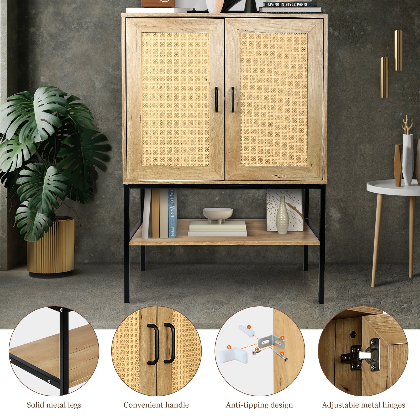 31.5 Inch Wide 2 Rattan Doors Free Standing Sideboard Storage Cabinet With One Open Bottom Shelf For Kitchen Dinning Room Living Room, Natural Color Freestanding 1 2 Shelves Natural Natural Primary Living Space Open Storage Space American Design Particle