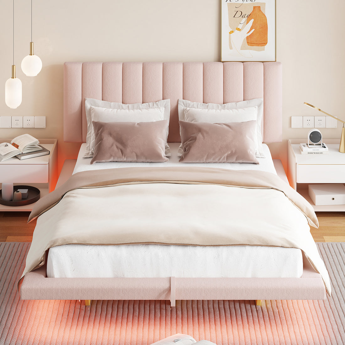 Queen Size Upholstered Floating Bed With Led Light And Usb Port, Velvet, Pink, Hydrualic Platform Bed Queen Pink Velvet