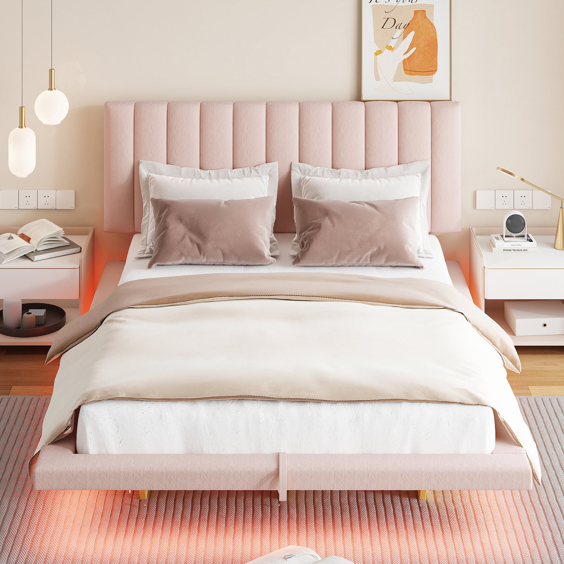 Queen Size Upholstered Floating Bed With Led Light And Usb Port, Velvet, Pink, Hydrualic Platform Bed Queen Pink Velvet