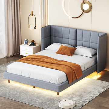 Queen Size Upholstered Platform Bed With Led Lights And U Shaped Headboard, Linen Fabric, Gray Queen Gray Wood Metal
