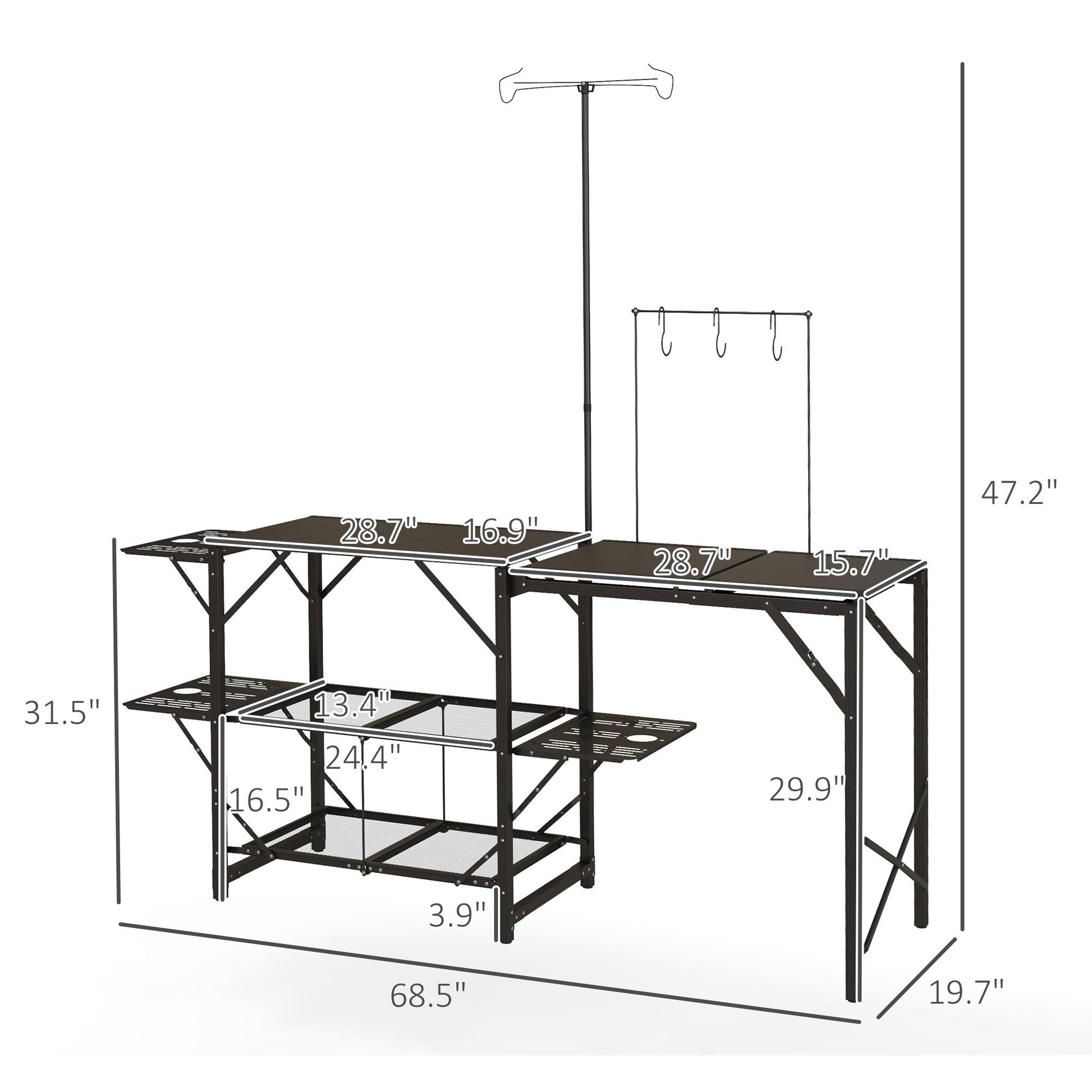 Outsunny Folding Camp Kitchen Table, Portable Camping Cooking Station With Adjustable Lantern Holder, Hanging Hooks And Carrying Bag For Outdoor Picnic Beach Bbq Traveling Black Metal