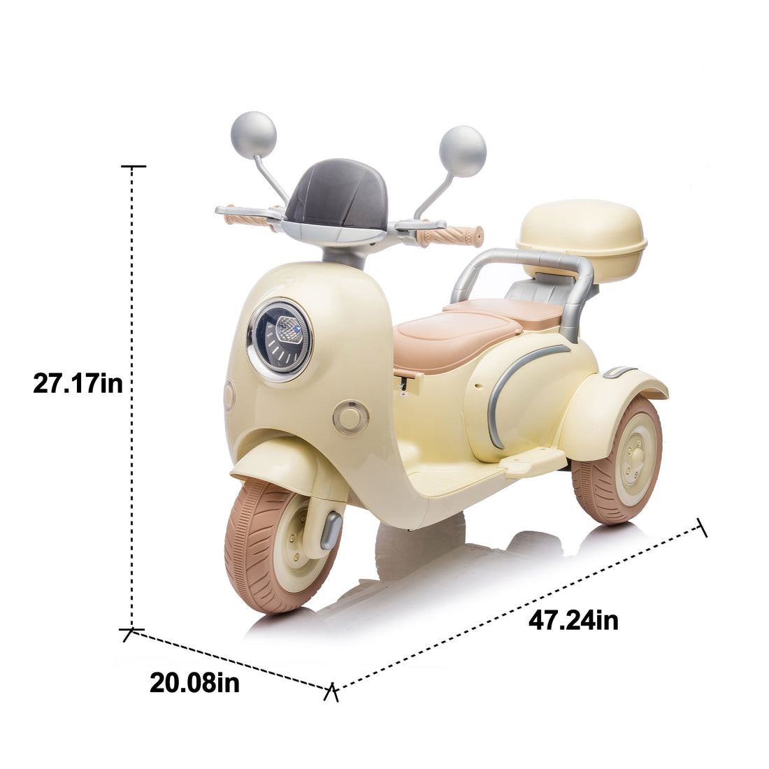 12V Two Seater Kids Ride On Electric Motorcycle,Three Wheels Kids Toy With Slow Start,Multi Function Player,Usb,Bluetooth, Light,Backseat Flip Adult Seat, Oversized Storage Box For Kids Aged 3 6. Beige Plastic