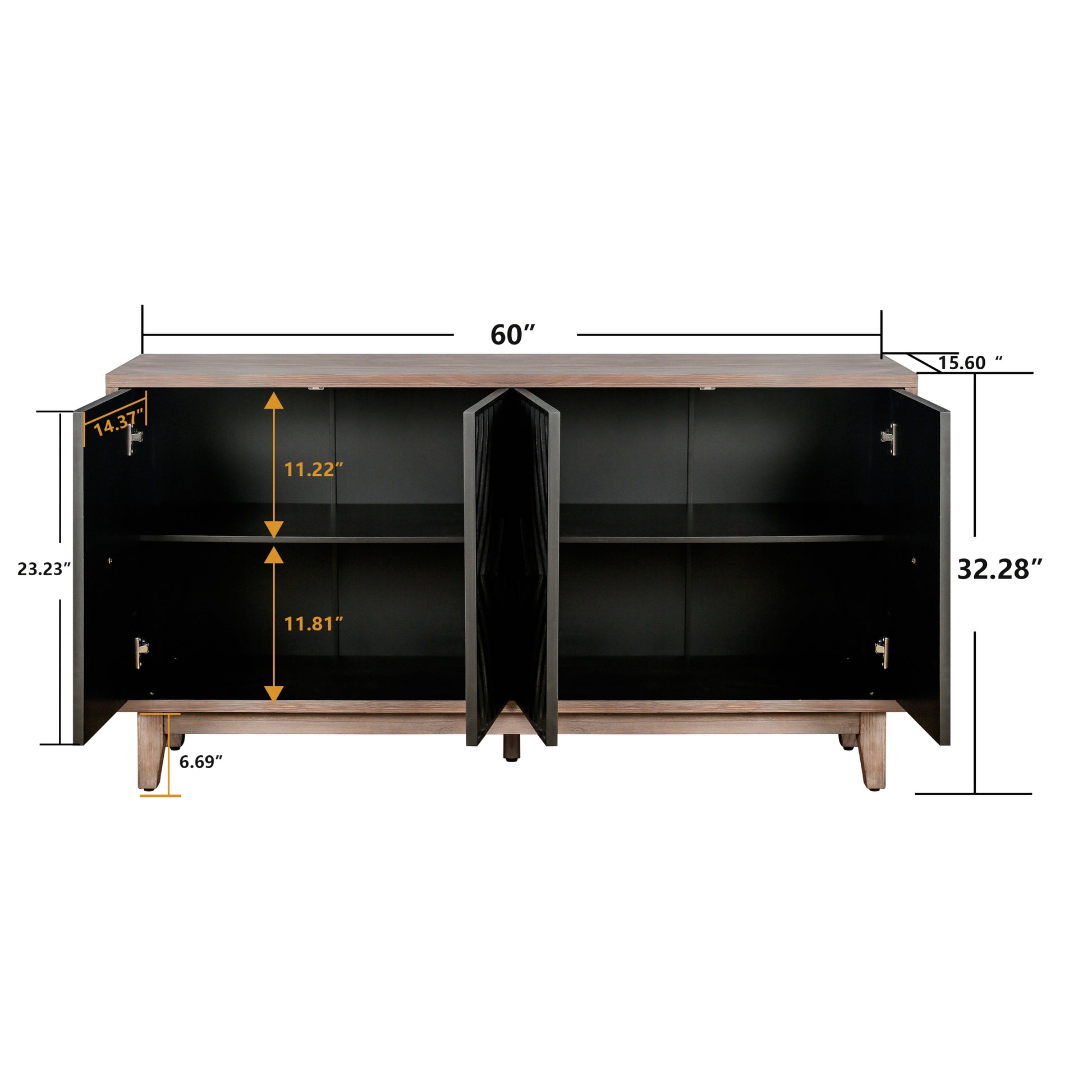 Mid Century Sideboard Buffet Cabinet With Solid Wood Legs 60" Kitchen Storage Cabinet Credenza With 4 Convex Pattern Diamond Doors And 2 Shelves Accent Console Table For Living Room Entrance Hall Etc 1 2 Shelves Antique Antique Black Primary Living Space