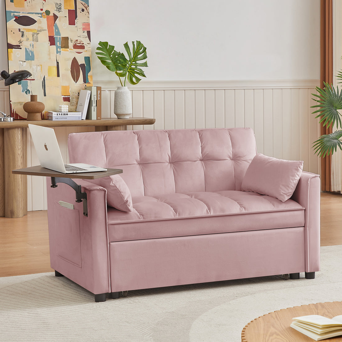 Pink Velvet Loveseat Sofa Bed Pink Wood Tufted Back Square Arms Foam Velvet 2 Seat