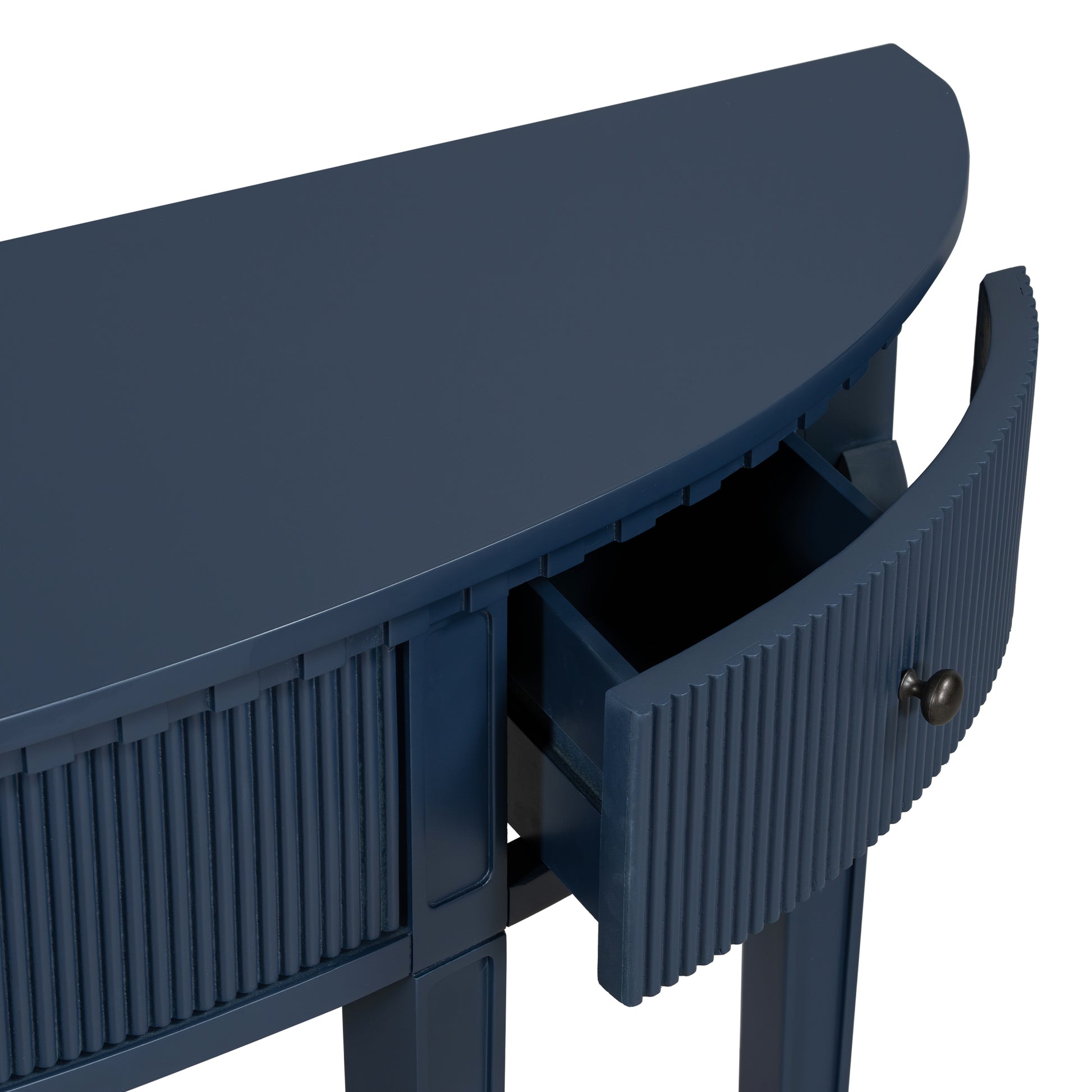 Distinctive Features Of Pine Veneer Console Table With Vertical Stripe Drawer Fronts And Four Legs Navy Blue Primary Living Space Minimalist Mdf