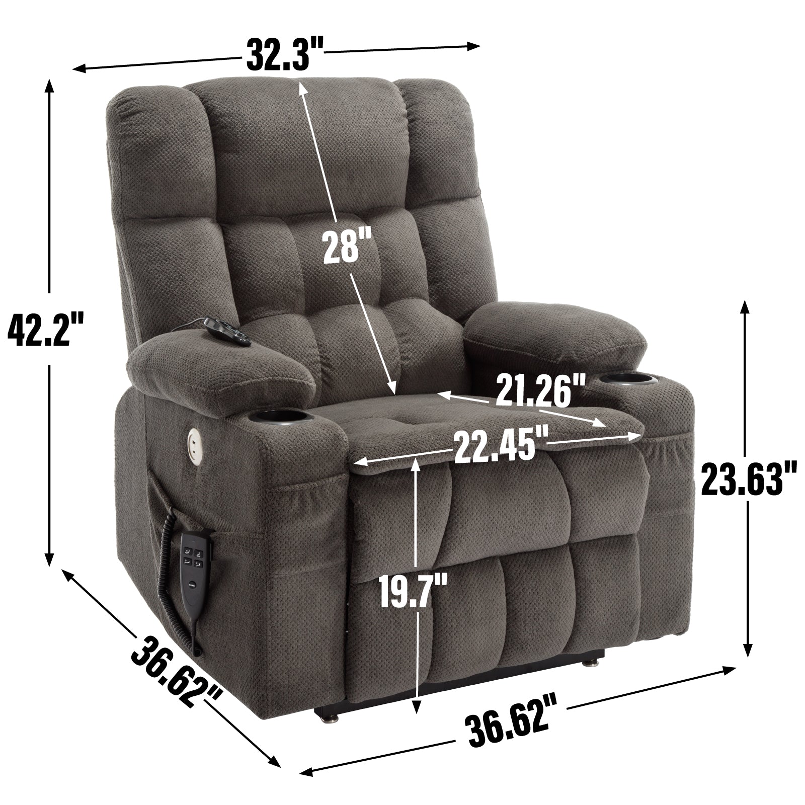 Brown Dual Motor Infinite Position Up To 350 Lbs Chenille Power Lift Recliner Chair, Heavy Duty Motion Mechanism With 8 Point Vibration Massage And Lumbar Heating, Dual Cup Holders White Metal