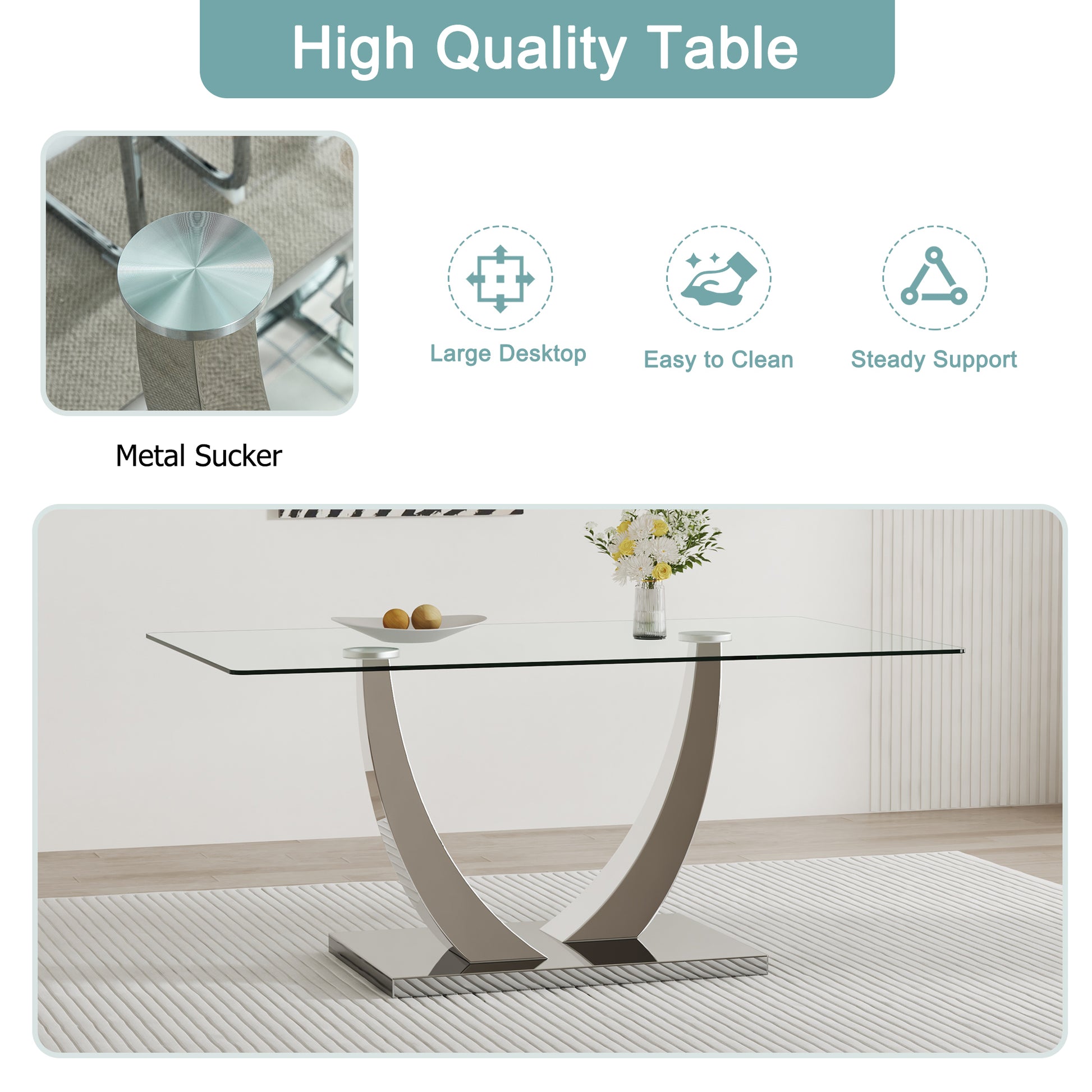 Large Modern Minimalist Rectangular Glass Dining Table For 6 8 People With 0.4 "Tempered Glass Table Top And Silver Metal Stand For Kitchen, Dining Room, Living Room, Meeting Room, Banquet Hall, 1548 Silver Metal