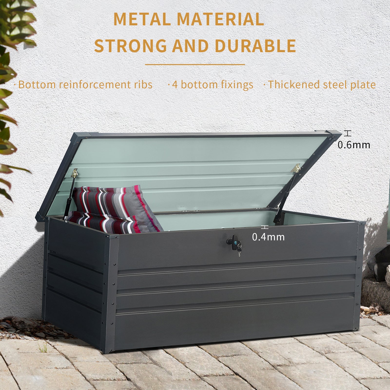 260 Gallon Metal Outdoor Deck Box Waterproof, Extra Large Patio Storage Box With Lockable Storage Containers For Patio Furniture Cushions, Pool Accessories, Garden Tools Dark Gray Carbon Black