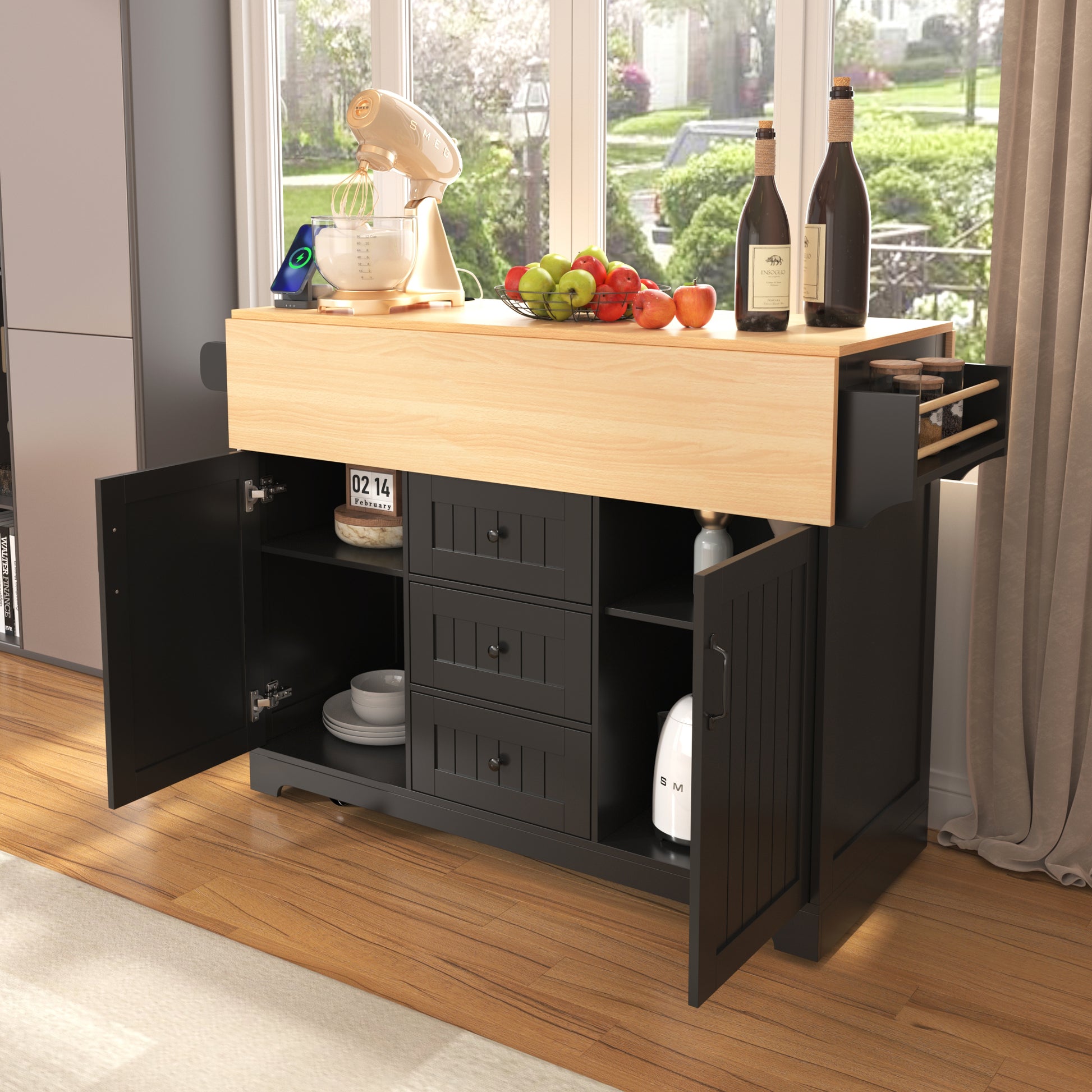 K&K 55.7'' Large Kitchen Island With 2 Drop Leaf, Rolling Kitchen Cart On 5 Wheels With Power Outlet, Folding Storage Dining Table With Spice & Towel Rack3 Drawers, For Kitchen, Dining Room,Black Black Brown Kitchen Classic,Farmhouse,Luxury,Modern