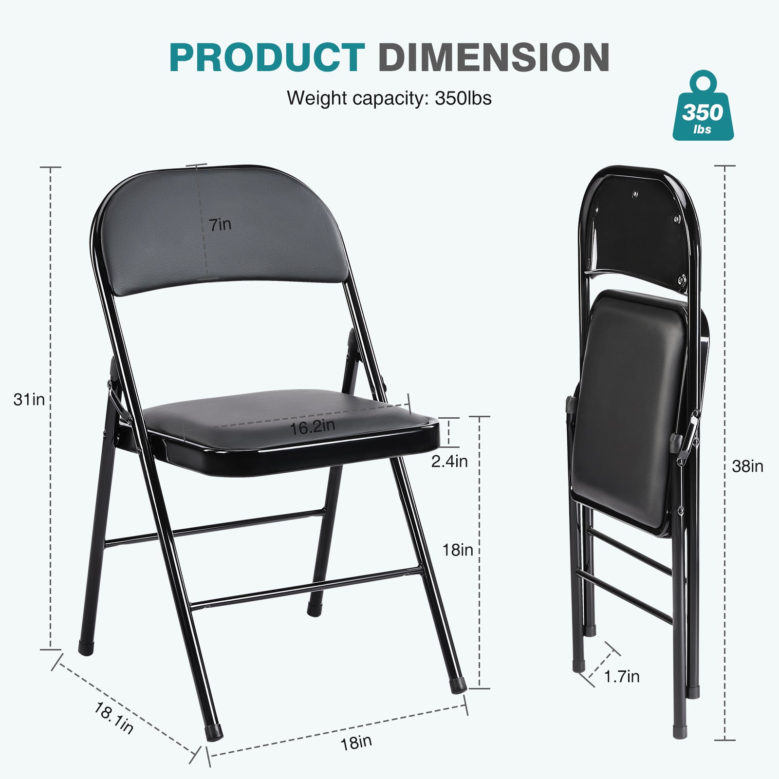 Folding Chair 2 Pack, Leather Padded Folding Chairs, Sturdy Metal Foldable Chairs, For Home, Office, Party, Black 2 Pack Black Stainless Steel