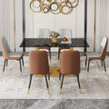 Table And Chair Set.Modern Rectangular Dining Table With Black Textured Stickers Glass Tabletop And Gold Plated Metal Legs.Paried With 6 Comfortable Chairs With Pu Seats And Black Metal Legs. Black Gold,Brown,Light Gray Seats 6 Glass Metal