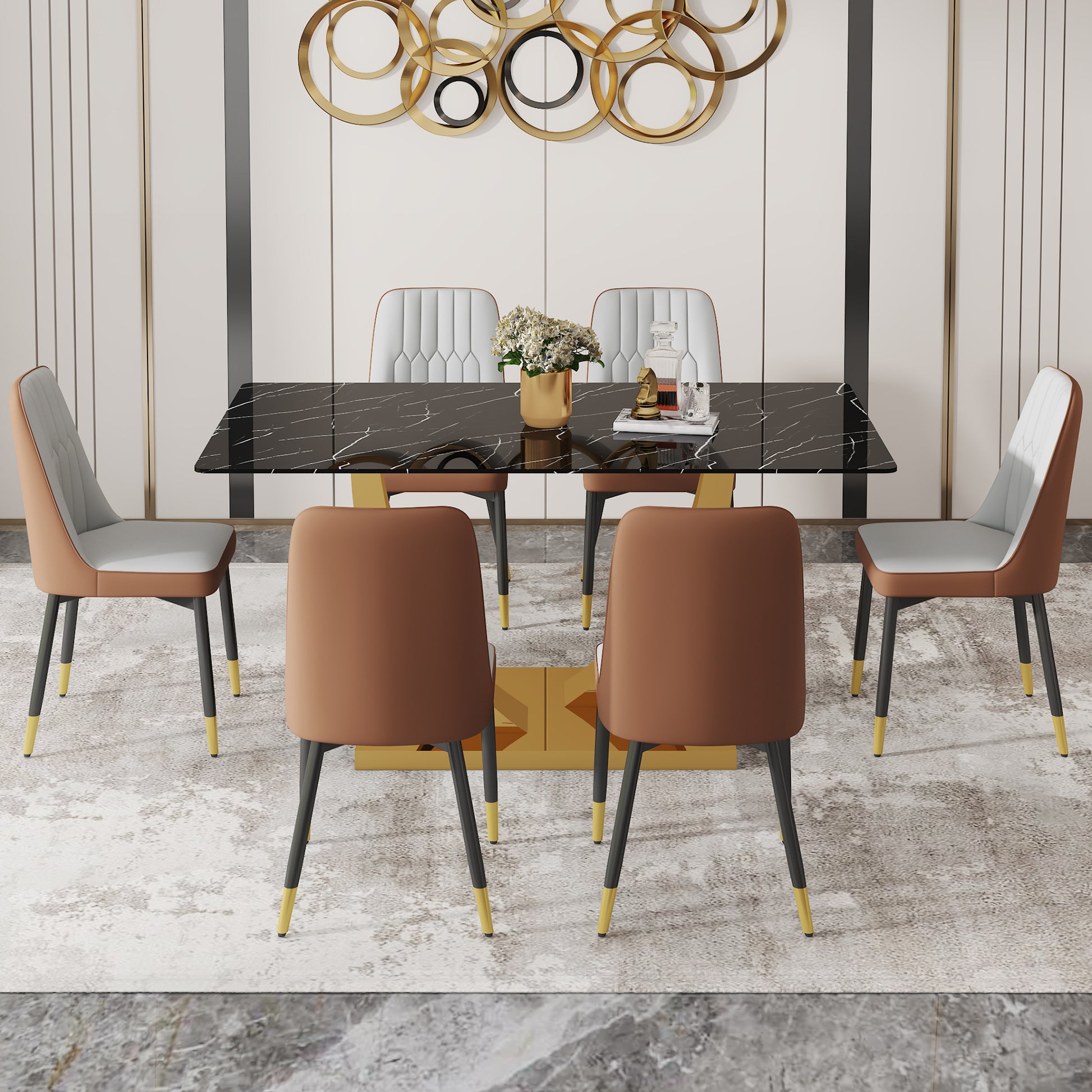 Table And Chair Set.Modern Rectangular Dining Table With Black Textured Stickers Glass Tabletop And Gold Plated Metal Legs.Paried With 6 Comfortable Chairs With Pu Seats And Black Metal Legs. Black Gold,Brown,Light Gray Seats 6 Glass Metal