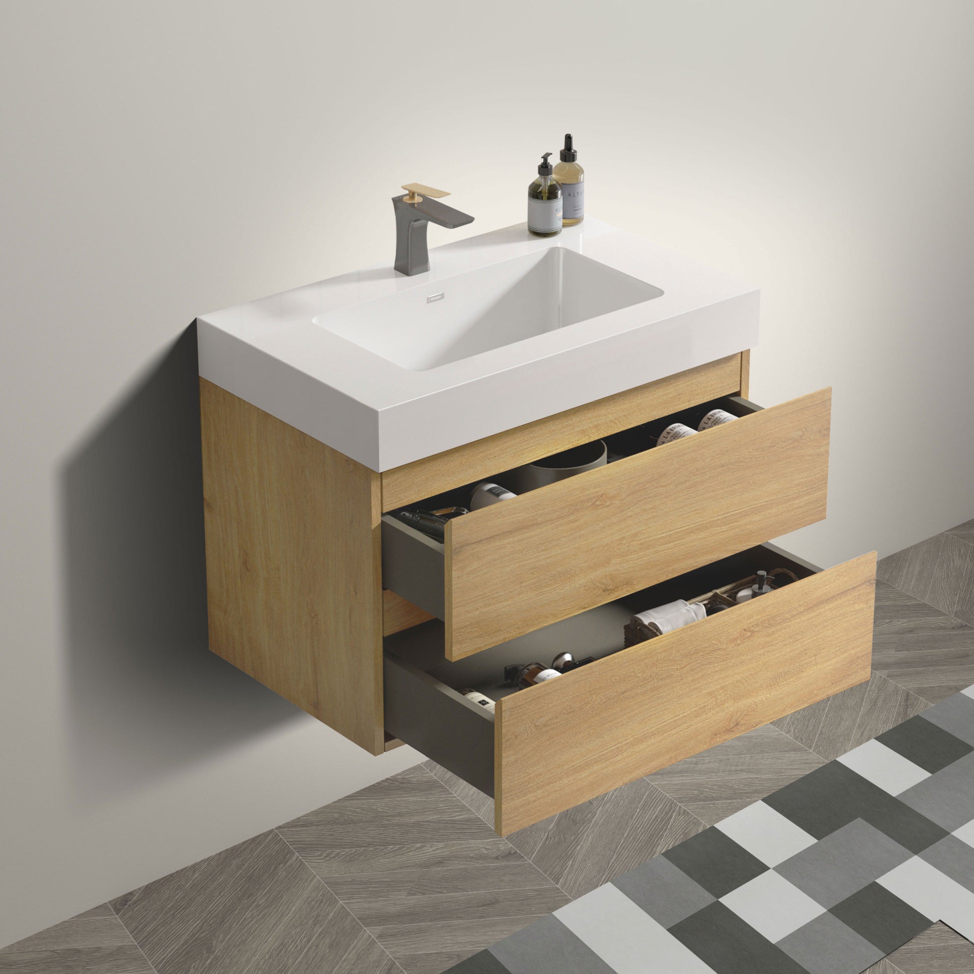 U041 Alice30 106 Alice 30" Natural Oak Bathroom Vanity With Sink, Large Storage Wall Mounted Floating Bathroom Vanity For Modern Bathroom, Pre Assembled Oak Melamine