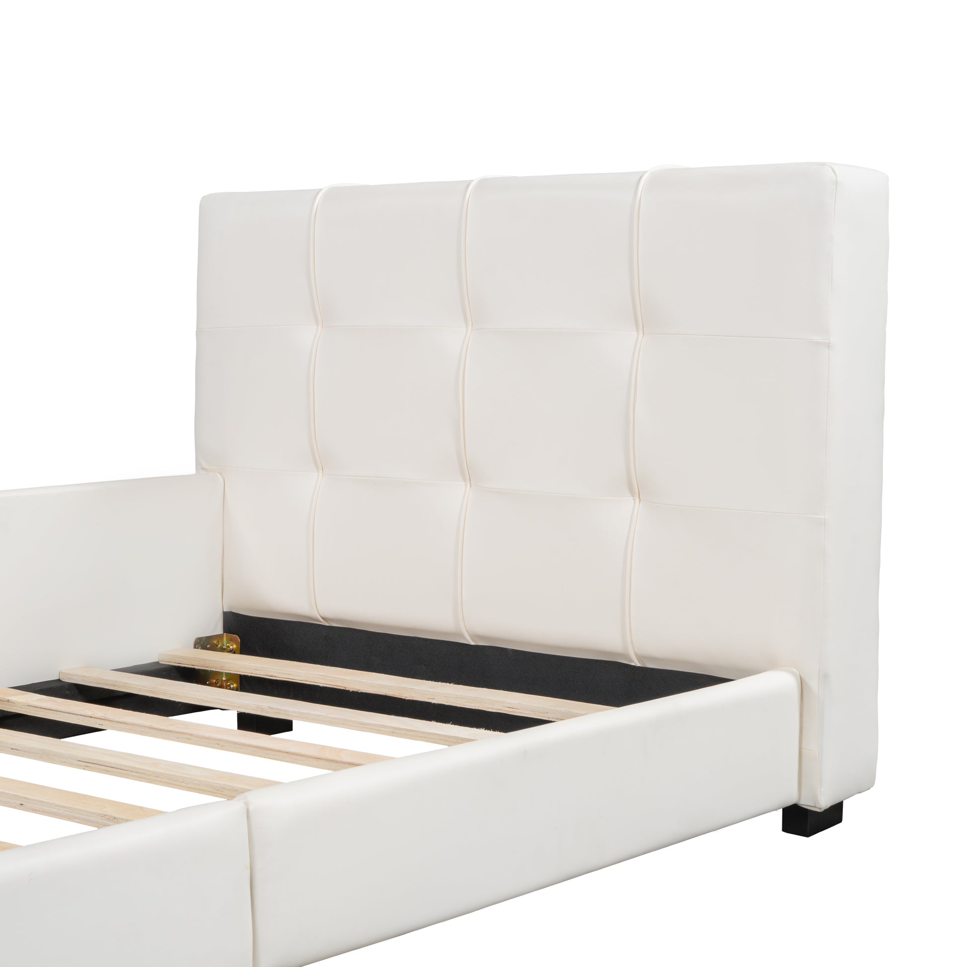 Twin Size Upholstered Platform Bed With Guardrail, White Box Spring Not Required Twin White Wood Faux Leather Upholstered